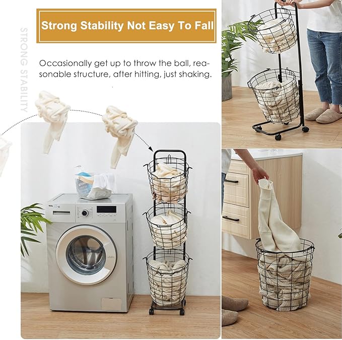 3 Tier Laundry Basket with Rolling Lockable Wheels Wire Metal Sorter Storage Trolley Shelf Basket Durable Metal Sorter Clothes Storage Trolley Shelf with Removable Hamper for Organizing Clothes