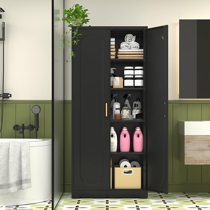 71" Tall Kitchen Pantry Cabinet, Pantry Storage Cabinet with Doors and Shelves, Metal Food Pantry Cabinets with Handles, Black Freestanding Cupboard for Living&Dining Room-Assemble Required