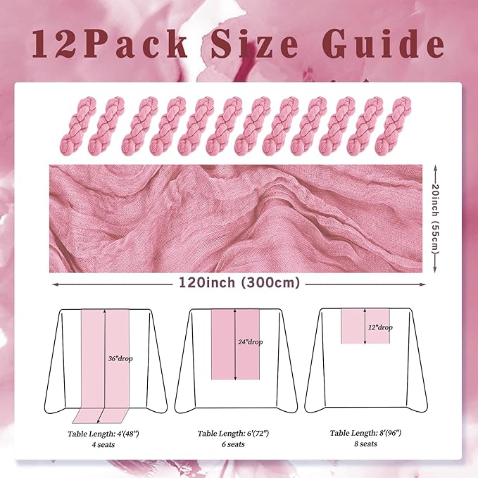 12 Pack Dusty Rose 10FT Cheesecloth Table Runner 20 x 120 Inch Long Rustic Gauze Fabric Cheese Cloth Table Runner for Wedding Bridal Baby Shower Table Decorations Boho Sheer Birthday Party Table Decor