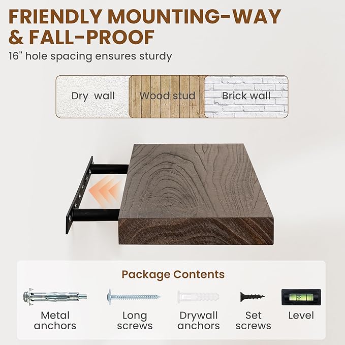 36 Inch Floating Shelves for Wall, Rustic Elm Wood Shelf for Home Decor, Heavy-Duty Wooden Floating Shelves for Kitchen, Wall Mounted Storage Shelves for Bathtoom, Living Room, Walnut Color, Set of 2