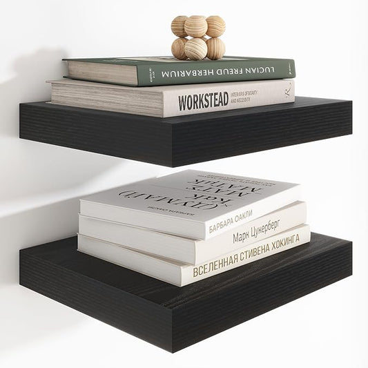 Heimlove 12 Inch Deep Floating Shelves, 12 x 12 inches Long Wall Shelf, Large Extra Display Shelf & Storage Shelf, Rustic Wood Wall Shelves for Fireplace Mantel, Black - 2Pack