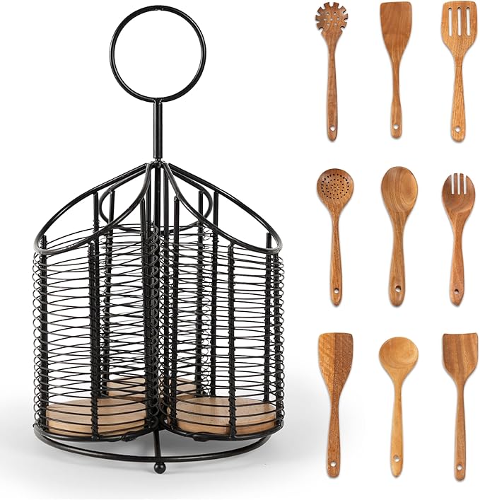 360° Rotating Kitchen Utensil Holder- 3 Compartment Organizer with Cork Bottoms | Includes Premium 9-Piece Acacia Wood Utensil Set | Professional & Home Luxury Design | Metal Utensil Crock (Black)
