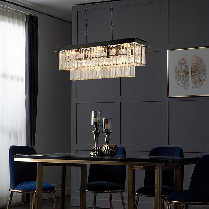 Black Crystal Chandeliers for Dining Room Light Fixtures Over Table,9-Lights Modern Rectangle Chandeliers for Kitchen Island Bar L28 Inch