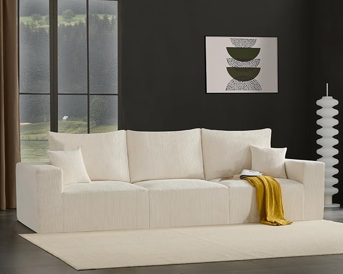 Boneless Cloud Couch Sofa for Living Room, 112" 3 Seater Beige Modern Lounge Sleeper Couch, No Assemble, Cordury Compression Upholstered Couches