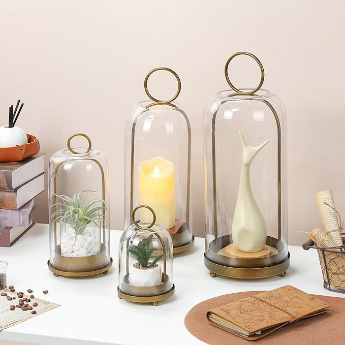 7.5" High Versatile Modern Metal Hurricane Lantern with Handmade Sturdy Glass Dome for 2" Pillar Candle & Plants (Brass, 4" x7.5)