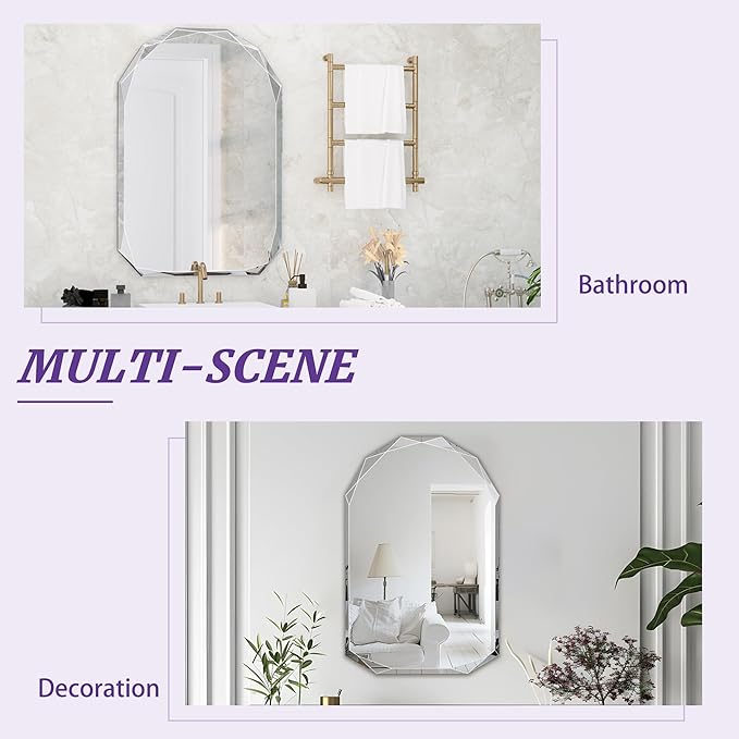 Bathroom Mirror for Wall, 30" x 48" Arched Mirror, Bathroom Vanity Mirror, Beveled Edge Frameless Wall Mount Vanity Mirrors, Wall Mirrors Decorative, Irregular Beveled Edge Mirror