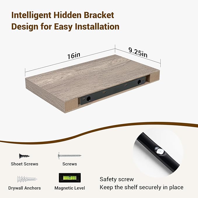 16 Inch Floating Shelves, 3D Textured Wood Grain, 16"x9.25"x1.5" Inch Deep Floating Shelves for Wall, Wooden Shelves for Bathroom, Bedroom, Living Room, Vintage Gray Oak