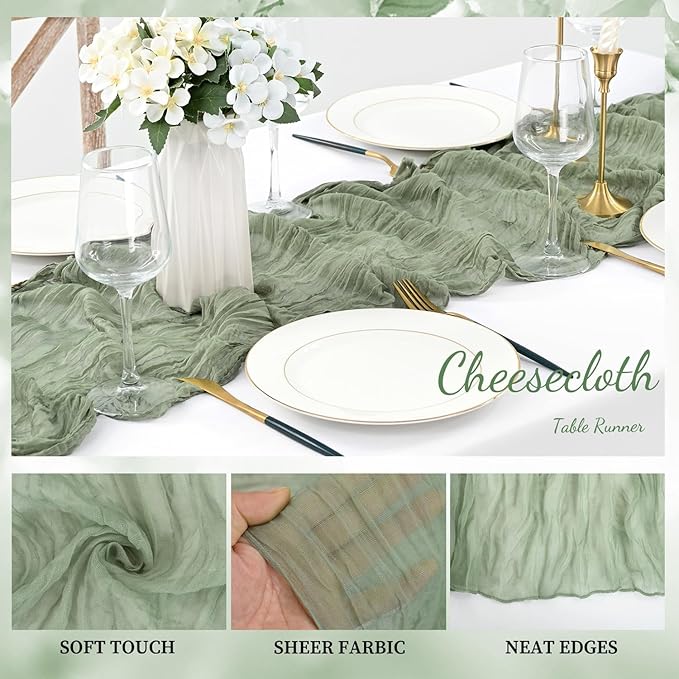 12 Pack Sage Green Cheesecloth Table Runner 10FT Rustic Gauze Fabric Cheese Cloth Table Runner for Wedding Bridal Baby Shower Table Decor 20 x 120 Inch Long Boho Sheer Birthday Party Table Decorations
