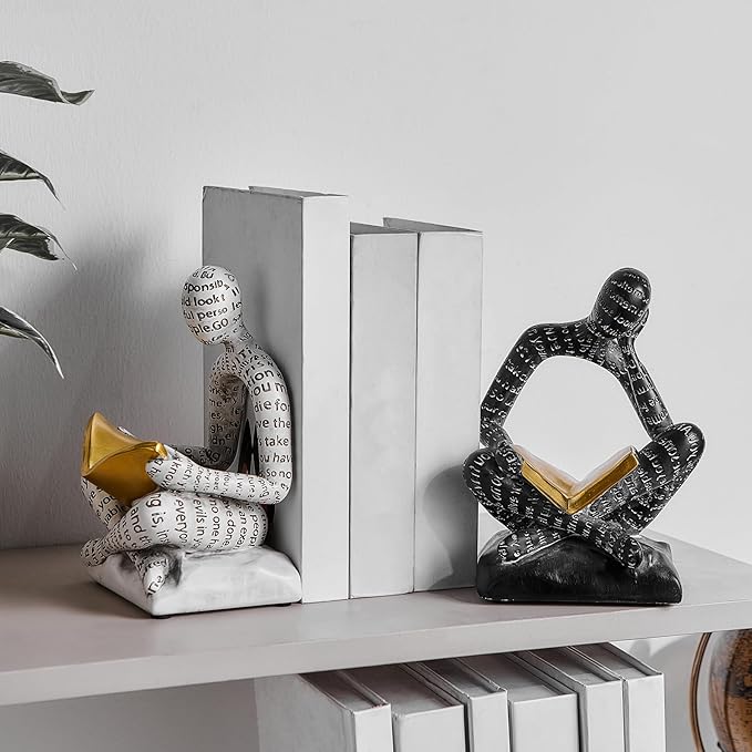 Heavy Duty Book Ends for Shelves, Thinker Decorative Bookends for Heavy Books, Unique Book Stoppers to Hold Book, Bookshelf Accessories, Modern Home Office Decor Aesthetic Black & White