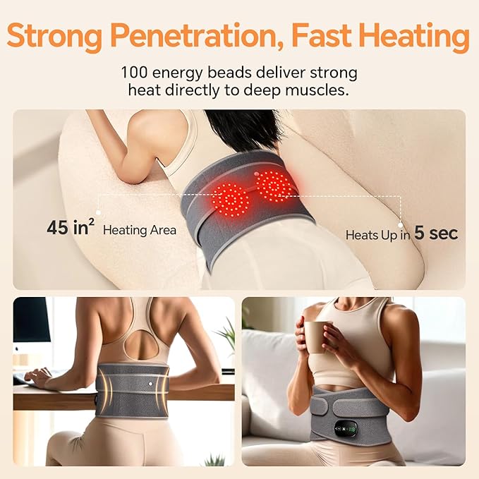 Heating Pad for Back, Lumbar Massager, Heated Waist Belt Wrap, Lower Back Pad with Heat Vibration 3 Levels Adjustable, 180 mins Battery, Cordless Portable, Touchscreen Control