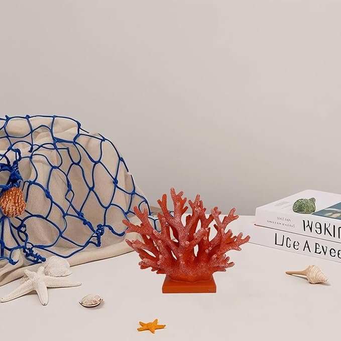 5.8" H Red Orange Coral Decor - Resin Coral Statue, Nautical Decor for Home, Bedroom, Bathroom, Living Room, Ocean Themed Cabinet Shelf Tabletop Decoration