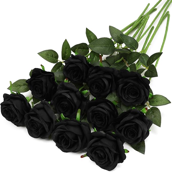 Black Fake Roses Artificial Flowers - 16 Pcs Fake Artificial Roses Silk Flowers with Stems for Home Wedding Hotel Office Centerpiece Decor