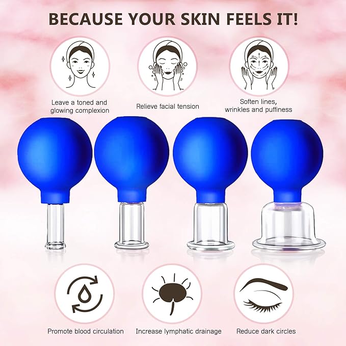 4 Size Facial Cupping Therapy Set Glass, Eye Face Vacuum Massage Anti Cellulite Cup - Silicone Cupping Massage Therapy, for Beauty Body Cup Fascia Massager(Softcover-Blue)