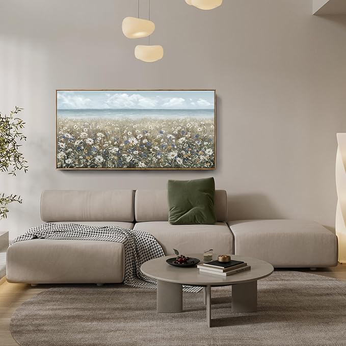 amatop Oversized Wall Art for Living Room Extra Large Farmhouse Boho Framed Beach Coastal Vintage Ocean Floral Canvas Print Daisy Flowers Sea Wall Picture Neutral Nautical Artwork Bedroom Office Decor
