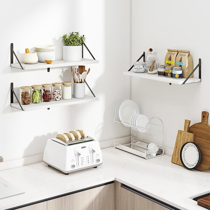 Heimlove 24 Inches White Floating Shelves,8 Inches Deep Wall Bookshelf Mounted Display&Storage Wood Wall Shelves for Kitchen Bathroom Laundry Living Room,Set of 3