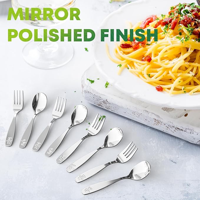 12 Pieces Toddler Utensils, Kids Stainless Steel Silverware Set - 6pcs Forks and 6pcs Spoon, Cute Children Flatware Sets with Mirror Polished, Self Feeding Safe, Dishwasher Safe