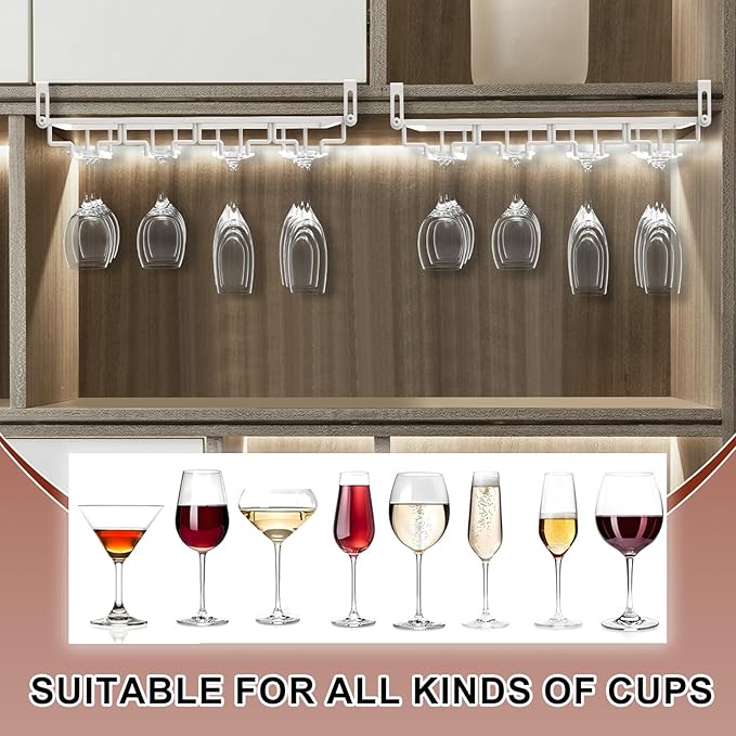 AUHOKY 2Pcs Adjustable Wine Glass Rack Under Cabinet, Punch-Free 4 Rows Stemware Wine Glass Metal Holder, Hanging Wine Glasses Storage Hanger Organizer for Shelf Kitchen Bar Decor(White, 4 Rows)