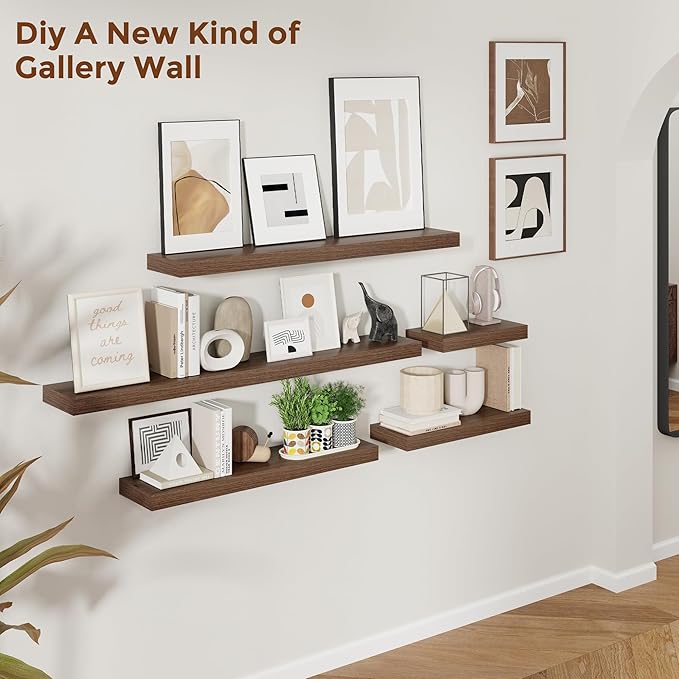 Heimlove 48 Inch Floating Shelves for Wall 8 Inch Deep Walnut Shelves Set of 2,Wall Mounted Rustic Wood Long Floating Shelf,Large Display & Storage Shelf with Invisible Brackets