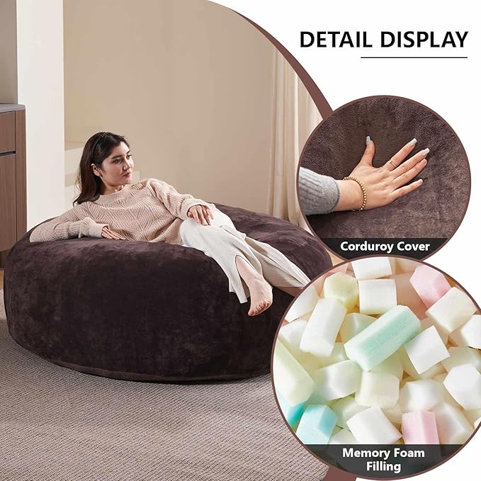 5FT,Big Bean Bag Chairs for Adults,Large beanbag with Filler Included,Memory Foam Material,Easy to Clean and Washable Corduroy Fabric,Suitable for Living Room and Bedroom (Brown, 5 Foot)
