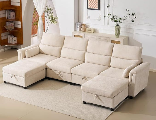 132'' Oversized Modular Sectional Sofa, U Shaped Comfy Sectional Couch with Large Storage, 6 Seat Chenille Deep Seat Cloud Sofa with 2 Throw Pillows for Living Room,Beige