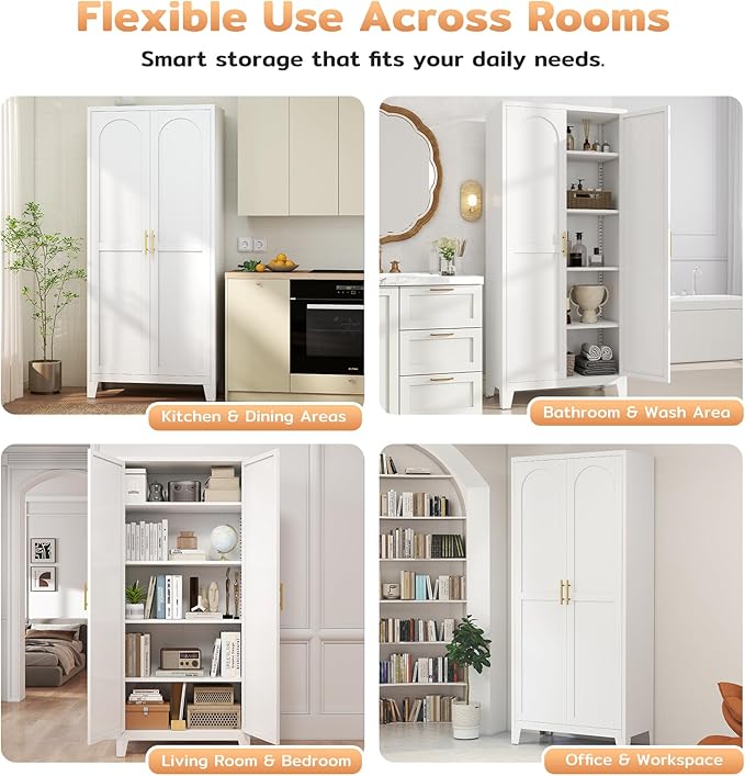 70.87" H Metal Kitchen Pantry Cabinet, Freestanding Cupboard with 2 Doors and 4 Adjustable Shelves, Tall Metal Storage Cabinet for Kitchen, Bathroom, Dinning Room or Laundry Room (White)