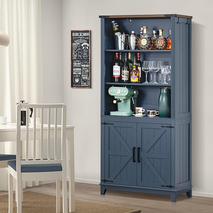 5 Tier Bookshelf 70in Tall Bookcase with Barn Doors and Storage Cabinet, Blue Farmhouse Book Shelf with Adjustable Shelves, Wood Freestanding Display Bookshelves for Bedroom, Kitchen (3PCS)