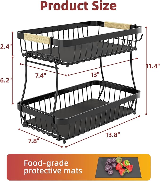 2 Tier Fruit Basket for Kitchen Counter with 2 Mobile Banana Hangers, 2025 Pro Detachable Metal Fruit Bowl with Wooden Handle, Fruit Holder for Bread Snack Veggies with Protective Mats