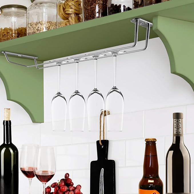 5 Pack Wine Glass Rack Stainless Steel Wine Glass Holder, 14inch Hanging Stemware Rack for Bar Kitchen Cabinet