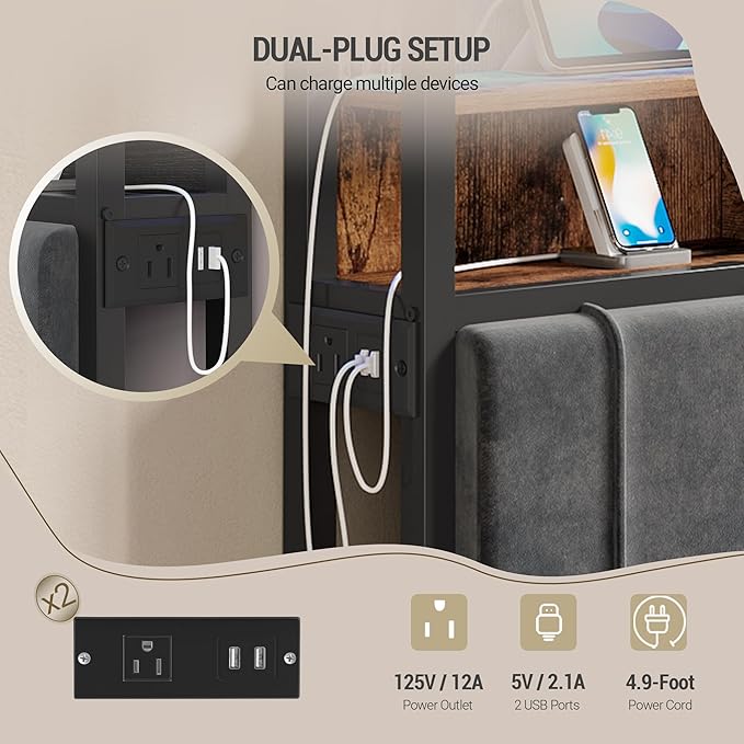 Headboard with 3-Tier Storage Shelves, Velvet Upholstered Head Board with 2 Outlets, USB Ports & LED Light, Soft Backrest for Full Size Bed, Rustic Brown and Black BH13801B