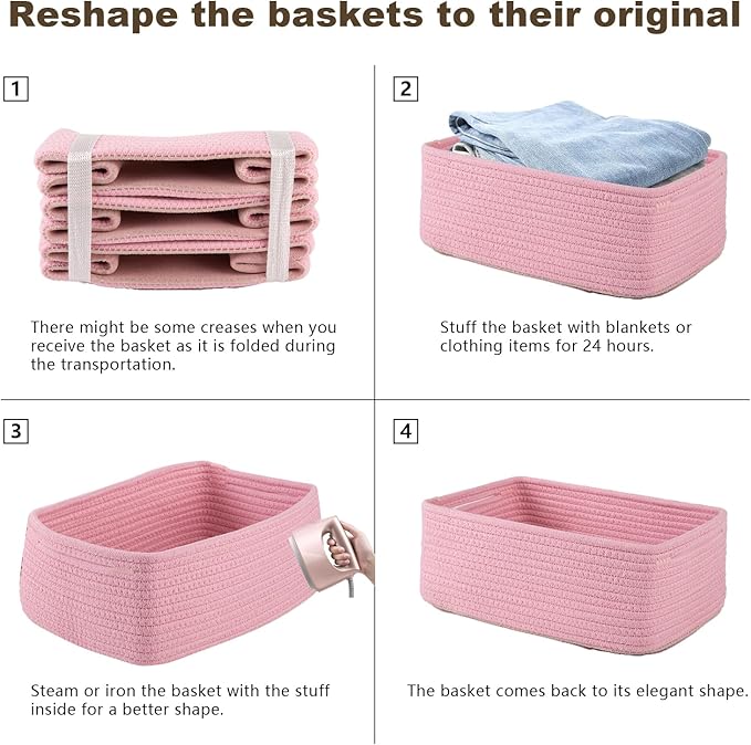 3 Pack Small Storage Baskets for Organizing, Cute Woven Decorative Gift Baskets for Shelves, Mini Closet Organizer Bins with Handles, 11.81''Lx7.87''Wx4.72''H-Pink