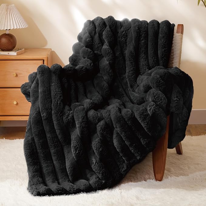 BEDELITE Faux Fur Throw Blanket for Couch, Soft and Cozy Luxurious 3D Striped Fluffy Blanket, 770GSM Thick Warm Plush Fuzzy Faux Rabbit Fur Blanket for Women Gift (Black, 60"x 80")