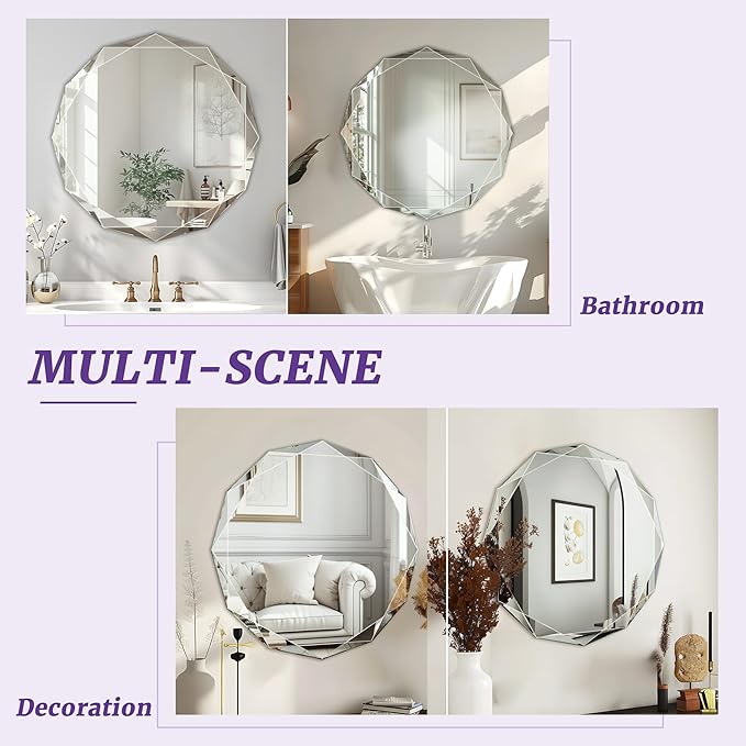 Bathroom Mirror for Wall, 24" x 24" Circle Bathroom Vanity Mirror, Beveled Edge Frameless Wall Mount Vanity Mirror, Decorative Round Irregular Beveled Edge