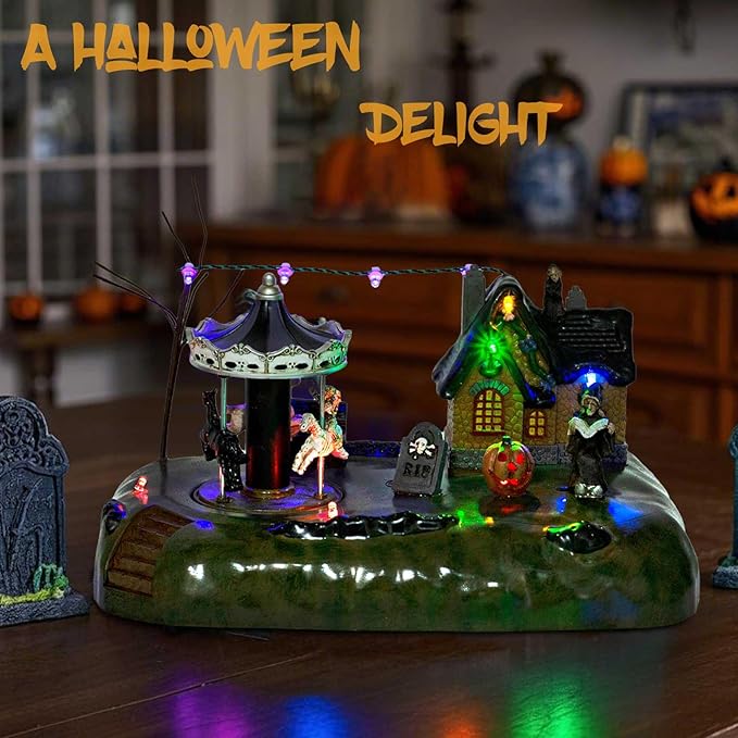 Animated Halloween Carousel Village House, LED Spooky Festival Display Collection Battery Operate, Indoor Use only