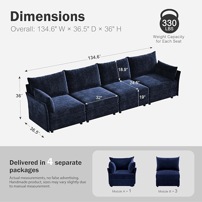 134.6" Modular Sectional Sofa, Oversized 4 Seater Blue Couch with Removable Chenille Fabric Cover, Deep Seat & High Backrest for Living Room, Office & Apartment