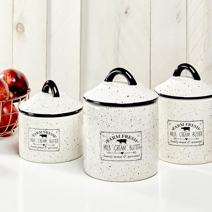 American Atelier Canister Set 3-Piece Ceramic Jars in Small, Medium, Large with Airtight Lids for Cookies, Candy, Coffee, Flour, Sugar, Rice, Pasta, Cereal & More (Farm Fresh)