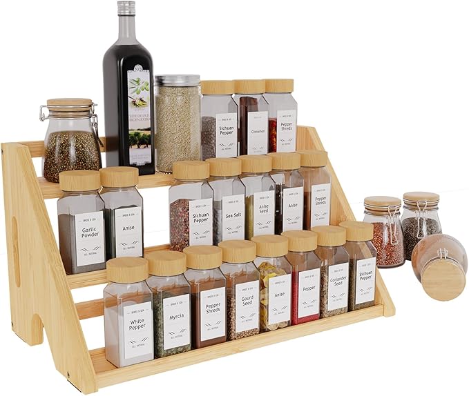 Bamboo Spice Rack Organizer -3-Tier Spice Rack for Countertop,Cabinet Spice Rack Organizer for 27 Spice Jars(4oz),Step Shelf (yellow)