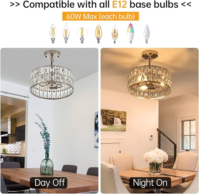 12” 3-Light Modern Crystal Chandeliers Nickel Dinning Room Light Fixture, Round Pendant Light Kitchen Island Chandelier, Flush Mount Ceiling Light for Living Room Entryway Bedroom Foyer