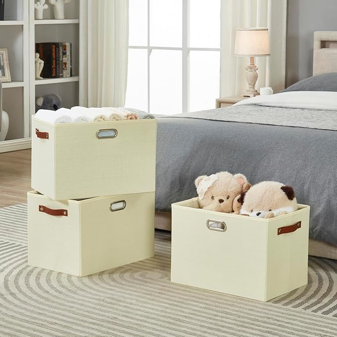 3-Pack Foldable Fabric Storage Bins with Durable PU & Metal Handles , Collapsible Storage Baskets for Shelves, Home Storage, Closet Organizers, Living Room(17"x11.8"x11.8", Beige)