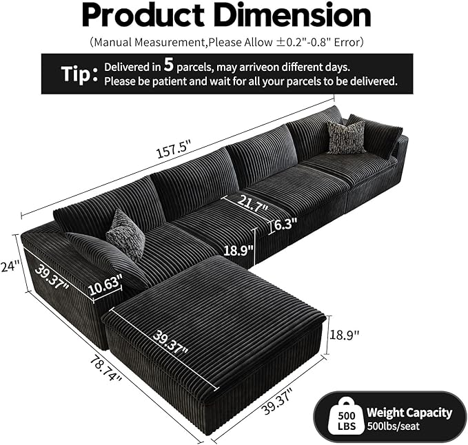 157.5" Cloud Couch Modular Sectional Sofa for Living Room,Modern Sofa with Deep Seat,L-Shape Boneless Couch with Ottoman,Comfy Upholstered Corduroy Couches for Apartment, Studio, Office,Bedroom,Black