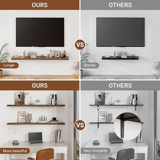 Heimlove 32 Inch Floating Shelves for Wall,Rustic Brown 9.3" Deep Floating Shelf Set of 2,Wall Mounted Shelves for Bathroom Bedroom Living Room Kitchen Office,Shelf for Books Storage Room,Home Decor