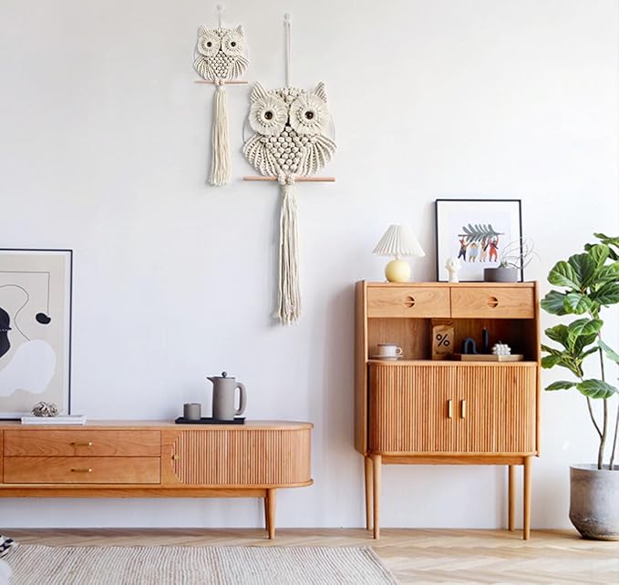 Achart Owl Macrame Wall Hanging-Hand Woven Boho Tapestry-Macrame Wall Decor -Owl Decor for Bedroom, Living Room, Nursery (Beige-Small)