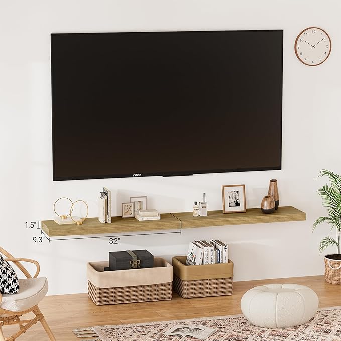 Heimlove 32 Inch Floating Shelves for Wall,Oak 9.3" Deep Floating Shelf Set of 2,Wall Mounted Shelves for Bathroom Bedroom Living Room Kitchen Office,Shelf for Books Storage Room,Home Decor