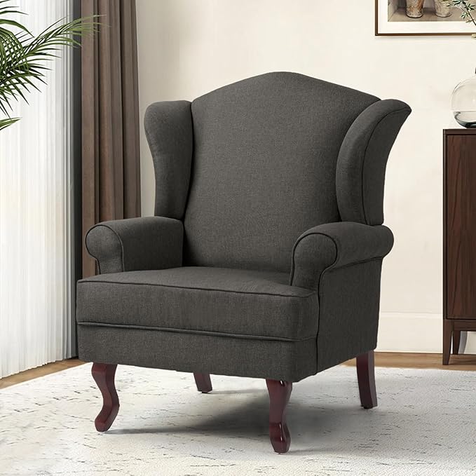 Accent Chair, High Back Upholstered Armchair with High Resilience Sponge & Wood Legs, Mid-Century Modern Comfy Single Sofa Reading Chairs for Living Room, Bedroom (Dark Grey, Set of 1)