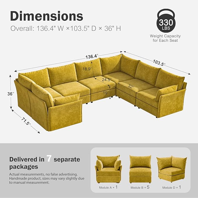 136.4" Oversized Modular Sectional Sofa, U Shaped Convertible Couch with Movable Ottoman, Large 7 Seat Corner Couches for Living Room Deep Seat Yellow Chenille
