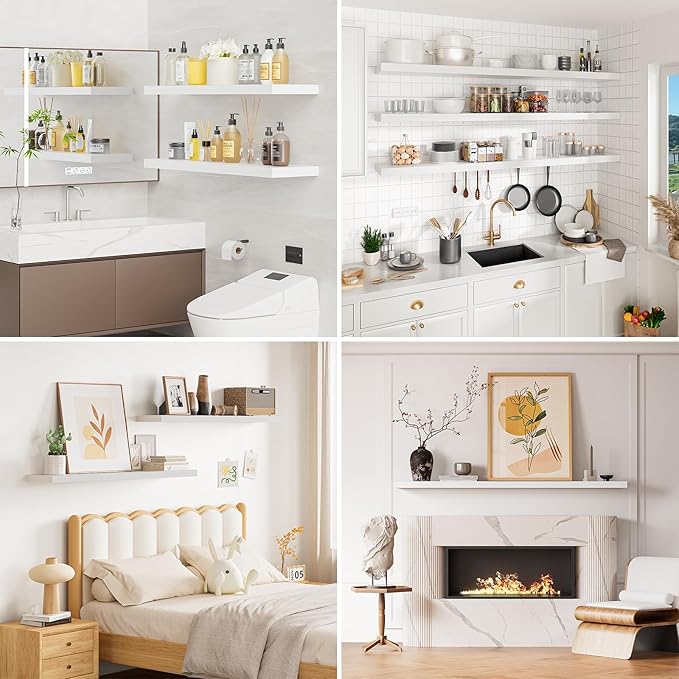 Heimlove 32 Inch Floating Shelves for Wall,White 9.3" Deep Floating Shelf Set of 2,Wall Mounted Shelves for Bathroom Bedroom Living Room Kitchen Office,Shelf for Books Storage Room,Home Decor