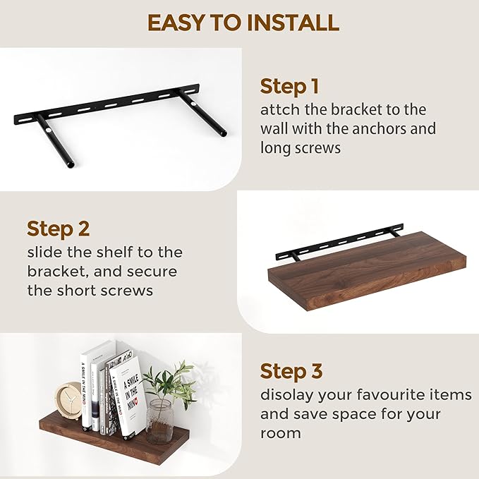 55 Inch Floating Shelves Set of 2, Rustic 55 x 9 Floating Shelf for Wall, 9 Inch Deep Wall Shelves Invisible Bracket, Large Deep Shelving for Bedroom, Kicten, Living Room, Walnut Color