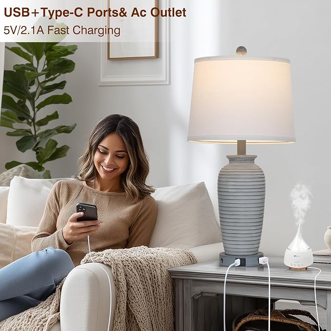 25" Farmhouse Jar Table Lamp Set of 2 Vintage Rustic Lamps for Living Room, Resin Bedside Nightstand Lamps with Linen Lampshades, Retro Pot Lamp for Living Room, Bedroom(LED Bulbs Included)