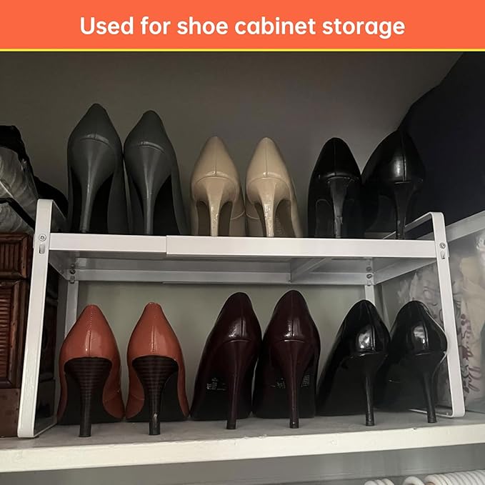 Adjustable Kitchen Shelf Organizer 9", (2 Pack) Heavy-Duty Cabinet Shelves for Countertop, Pantry & Microwave, Expandable Space-Saving Storage Rack with Non-Slip Pads, White