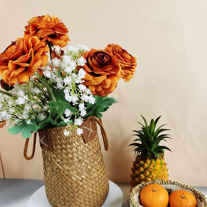 Artificial Flowers Ranunculus Long Stem Buttercup Silk Flowers 6 pcs for Home Decor and Wedding Decorations(Burnt Orange)