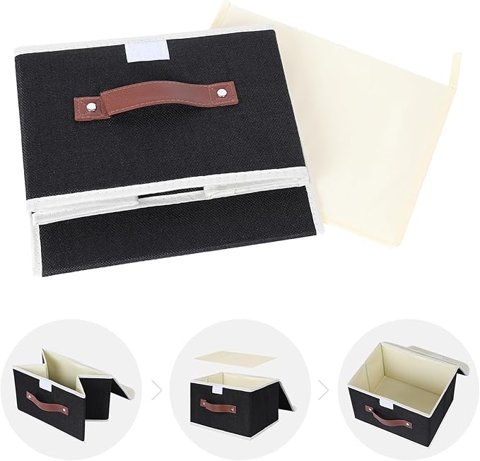 ANMINY 2PCS Storage Bins with Lid PU Leather Handles Storage Boxes PP Plastic Board Decorative Foldable Lidded Cotton Linen Fabric Home Cubes Baskets Closet Organizer Containers - Black, Small Size